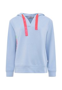 Haut à capuche bleu clair avec un design en V, manches longues et cordons en satin rose. Présente un motif graphique coloré sur le côté gauche.