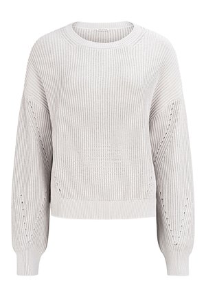 Pull en maille beige clair avec un col rond, des épaules tombantes, une coupe ample, des poignets côtelés et des motifs diagonaux le long des côtés.