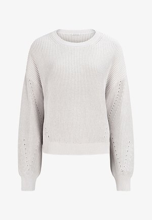 Pull en maille beige clair avec un col rond, des épaules tombantes, une coupe ample, des poignets côtelés et des motifs diagonaux le long des côtés.