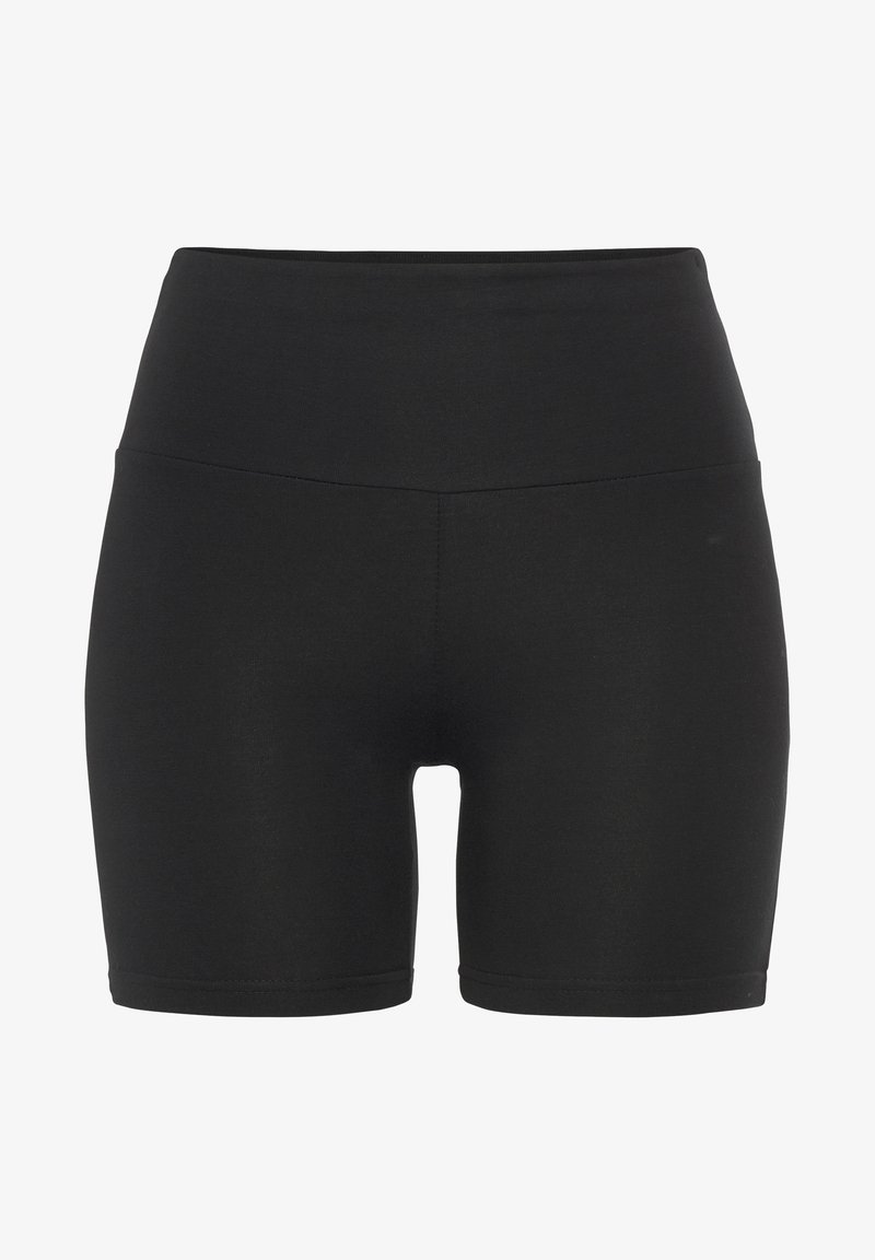 Black high-waisted stretchy biker shorts with a wide waistband and mid-thigh length, designed for athletic or casual wear.