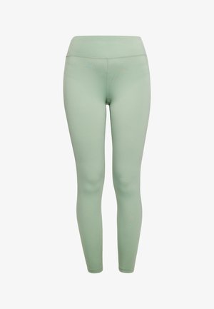 Minta zeleni leggingi, izdelani iz raztegljivega materiala, z visokim pasom in prilegnjenim dizajnom, z gladko teksturo in brez vidnih vzorcev.