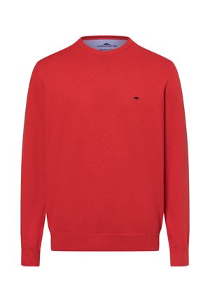 Roter Rundhalsausschnitt-Pullover aus weichem Strickstoff. Gerippte Bündchen und Saum. Kleines blaues Logo auf der linken Brust. Regulierter Schnitt.