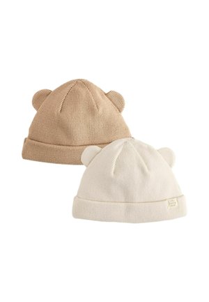 Two soft knit baby hats in beige and cream colors, each with small rounded ears on top for a cute, animal-inspired look.