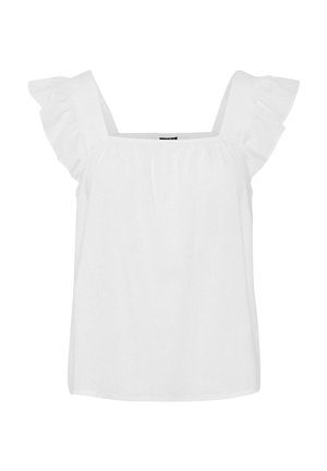 Balta be rankovių palaidinė su kvadratine iškirpte ir raukšlėtomis petnešėlėmis, pagaminta iš lengvos medžiagos.