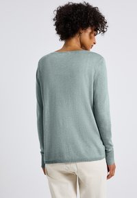 Maglione verde chiaro con maniche lunghe, vestibilità comoda e polsini a coste. Texture morbida, design semplice e scollatura ampia. Senza motivi visibili.