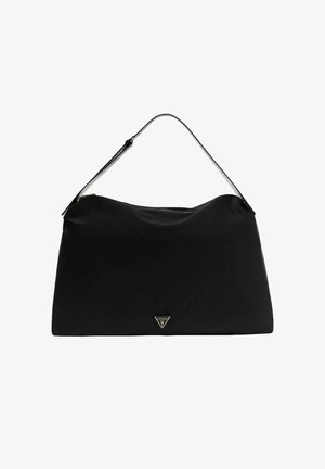 Sac à main noir avec une finition mate et lisse. Il possède une seule sangle d'épaule et un logo de marque triangulaire en or à l'avant. Fermeture zippée.