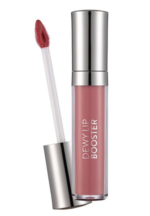 Glossy pink lip gloss tube labeled "Dewy Lip Booster" with silver cap and angled applicator wand showing product on tip.