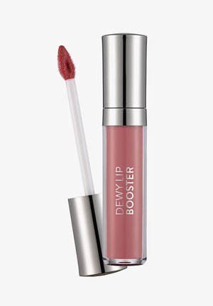Glossy pink lip gloss tube labeled "Dewy Lip Booster" with silver cap and angled applicator wand showing product on tip.