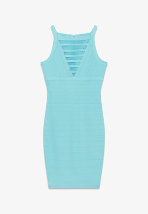 Abito aderente azzurro chiaro senza maniche con texture a fasce orizzontali e un pannello posteriore profondo a V trasparente a strisce.