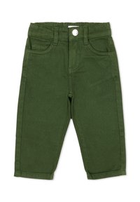 Pantalon en denim vert à coupe droite, avec deux poches avant, une poche arrière unique et une fermeture par bouton à la taille.