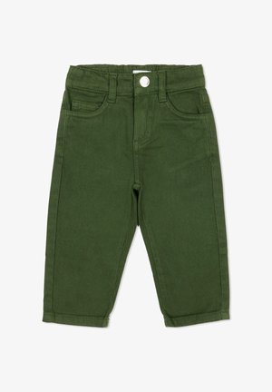 Groene denim broek met een rechte snit, voorzien van twee voorzakken, een enkele achterzak en een knoopsluiting in de taille.