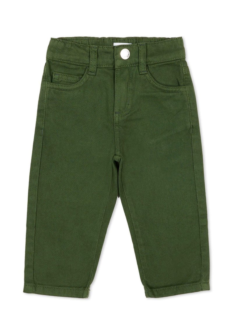 Pantalon en denim vert à coupe droite, avec deux poches avant, une poche arrière unique et une fermeture par bouton à la taille.