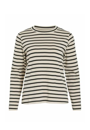 Long-sleeve beige shirt with black horizontal stripes and round neckline, displayed on a white background.
