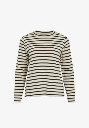 Long-sleeve beige shirt with black horizontal stripes and round neckline, displayed on a white background.