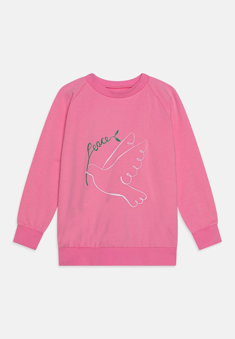 Sweat-shirt rose à manches longues avec un contour blanc d'une colombe tenant une branche d'olivier verte et le mot "paix" en écriture verte.