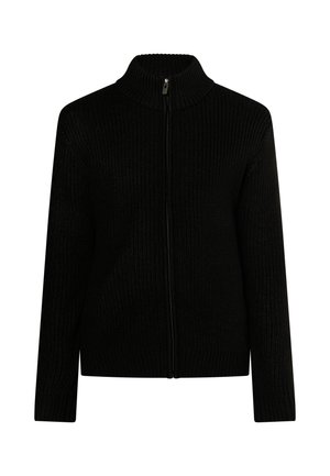 Maglione nero a zip con colletto alto, texture a coste, maniche lunghe e taglio dritto per un design moderno.