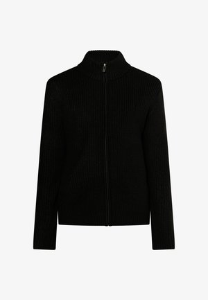 Maglione nero a zip con colletto alto, texture a coste, maniche lunghe e taglio dritto per un design moderno.