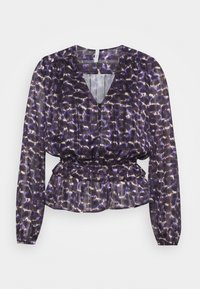 Blusa viola a fantasia con scollo a V, maniche lunghe e dettaglio in vita arricciato. Tessuto leggero e trasparente con design plissettato e orlo volant.