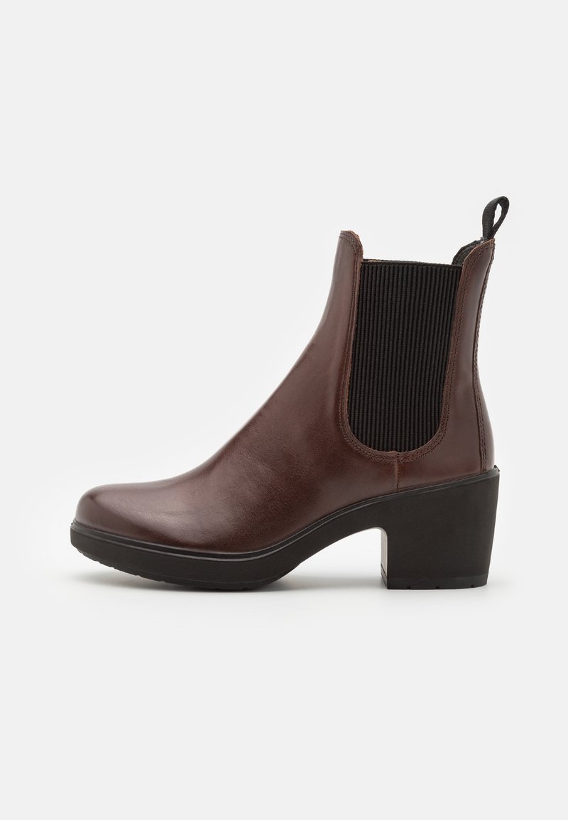 Brown leather ankle boot with black elastic side panel, pull tab, rounded toe, and block heel on white background.