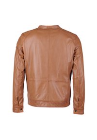 Braune Lederjacke mit glatter Textur, klassischem Kragen und langen Ärmeln. Verfügt über Nahtdetails und Knopfakzente an den Manschetten.