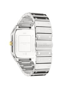 Edelstahl-Armbanduhr mit rechteckigem Zifferblatt, goldener Krone und Gliederarmband. Gravierter Markenname und wasserdichte Details auf der Rückseite.