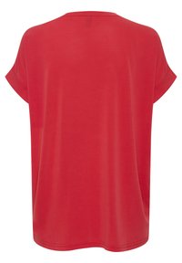 T-shirt rosso a maniche corte in tessuto morbido con vestibilità rilassata, scollatura rotonda e design semplice senza motivi o decorazioni.