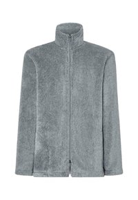 Chaqueta de forro polar gris texturizado con un cuello alto, cremallera completa y bolsillos laterales. Ajuste relajado y material suave.