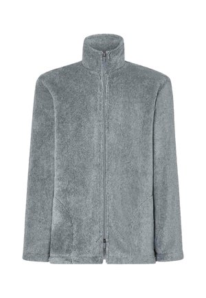 Chaqueta de forro polar gris texturizado con un cuello alto, cremallera completa y bolsillos laterales. Ajuste relajado y material suave.