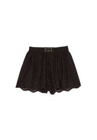 Pantaloni corti neri in cotone con un design testurizzato caratterizzato da ritagli circolari, una vita elasticizzata e una fibbia decorativa dorata frontale.