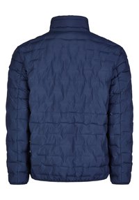 Giacca isolante blu navy con motivo trapuntato, colletto alto e polsini elasticizzati. Tessuto esterno liscia e vestibilità ampia.