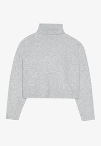 Šedý zkrácený svetr s rolákem, zdobený žebrovanými manžetami a lemem. Vyrobený z měkkého materiálu s hladkou strukturou a čistým designem.
