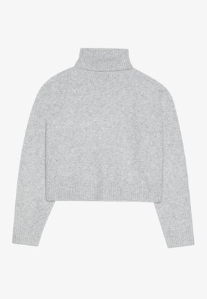 Gray, cropped turtleneck sweater featuring ribbed cuffs and hem. Made from soft material with a smooth texture and a clean design.