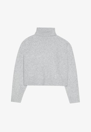 Grå, kort turtlenecktröja med ribbade ärmslut och nederkant. Tillverkad av mjukt material med en slät textur och en ren design.