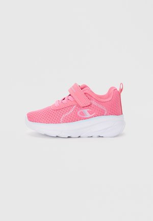 Pink children's athletic shoe with mesh upper, hook-and-loop strap, laces, white thick sole, and brand logo on side.