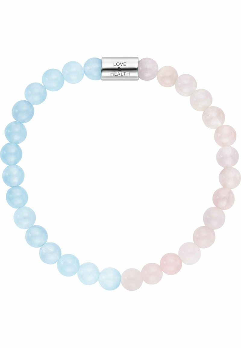 Perle rotonde blu e rosa con una finitura liscia, colori alternati. Chiusura in metallo incisa con la parola "AMORE" e "SALUTE". Design semplice e minimalista.