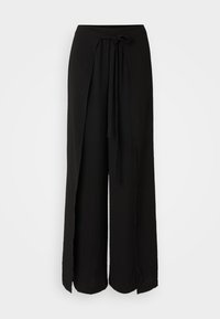 Black wide-leg pants made of lightweight fabric. Features an elastic waistband with a front tie and side slits at the hem.