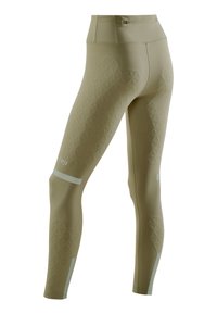 Compression leggings in light olive, featuring a textured diamond pattern, high waistband, reflective accents, and smooth fabric finish.