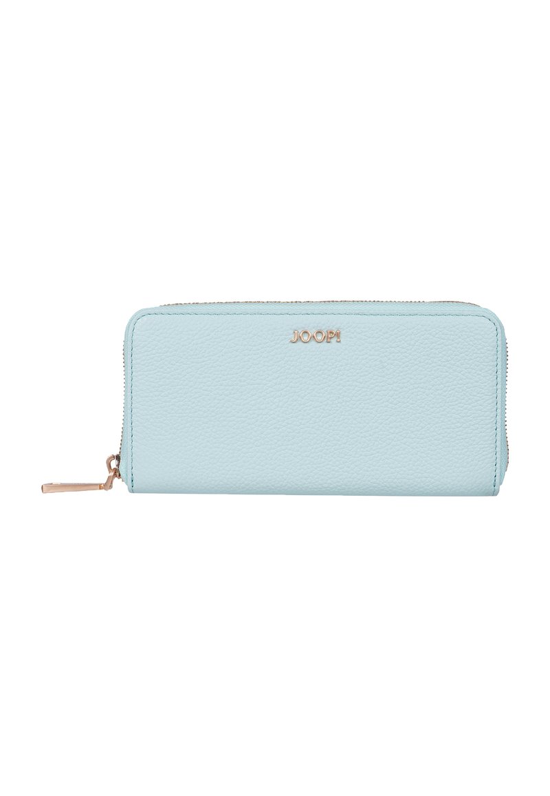 Portafoglio in pelle azzurro chiaro con finitura texturizzata, hardware in tonalità oro e chiusura con zip. Presenta un logo impresso sulla parte anteriore.