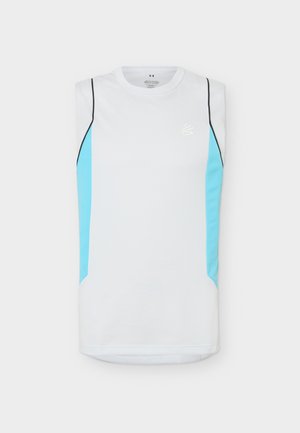 Ärmelloses weißes Sportshirt mit hellblauen Seitenpaneelen, schwarzer Paspelierung an den Schultern und kleinem Logo auf der linken Brust.