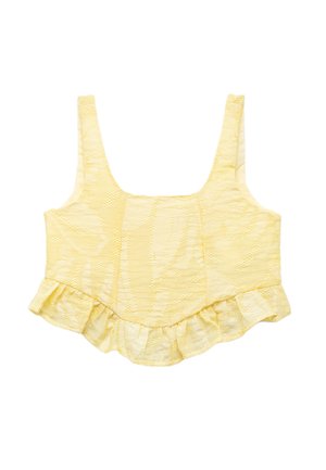 Żółty crop top z teksturowanym wzorem, z falbaną na dolnej krawędzi i szerokimi ramiączkami. Wykonany z lekkiego materiału z subtelnymi wzorami.