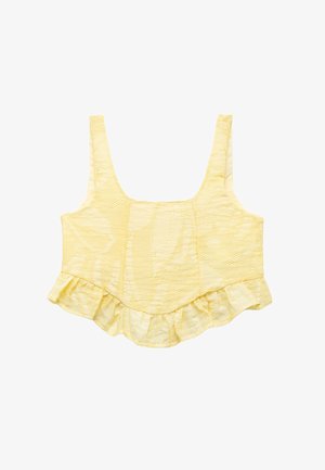 Yellow crop top with a textured design, featuring a ruffled hem and wide shoulder straps. Made of lightweight fabric with subtle patterns.