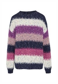 Sweter robiony na drutach z okrągłym dekoltem, zdobiony poziomymi paskami w ciemnoniebieskim, różowym, białym i purpurowym kolorze. Teksturowana tkanina z detalami w kropki.