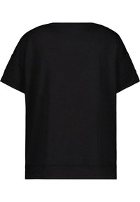 Černé kulaté oversized tričko s krátkým rukávem, vyrobené z měkké tkaniny, s jednoduchým designem a uvolněným střihem. Bez viditelných log nebo vzorů.