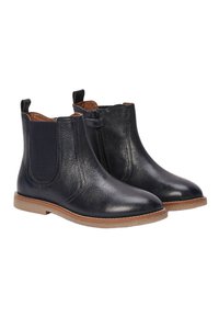 Bottes cheville en cuir bleu marine avec une finition texturée, des panneaux latéraux élastiques et une semelle marron clair. Dotées d'une languette à l'arrière pour un enfilage facile.