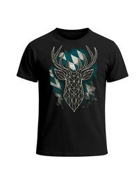 Black t-shirt featuring a geometric deer head graphic in white, with turquoise and textured accents in the background.
