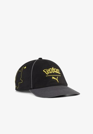 Black and gray cap with yellow Pokémon text and Puma logo on front, Pikachu outline stitched on left side panel.