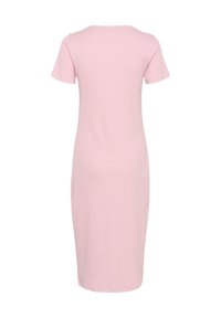 Robe midi rose pâle à manches courtes avec encolure ronde, vue de dos sur fond blanc.