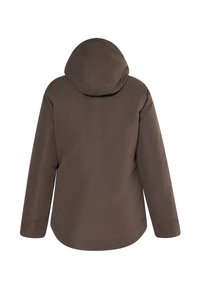 Bruine, capuchon buitenjas met een gladde, matte textuur en een losse pasvorm. Eenvoudig ontwerp zonder zichtbare sluitingen of patronen.