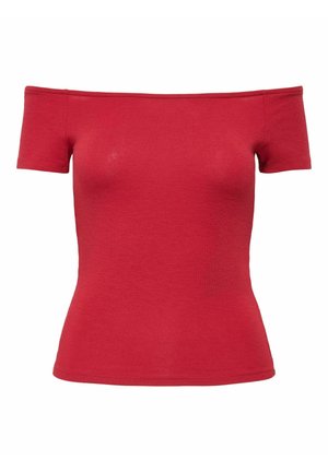 Haut rouge sans manches, fabriqué en coton doux, à manches courtes, au design ajusté, avec un col étroit et un ourlet qui repose à la taille.