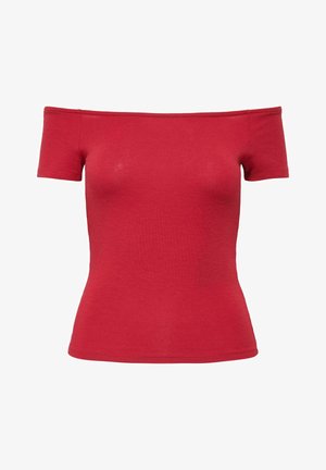 Czerwona bluzka na jedno ramię, wykonana z gładkiej bawełny, z krótkimi rękawami, dopasowanym krojem, wąskim dekoltem i dołem kończącym się w talii.
